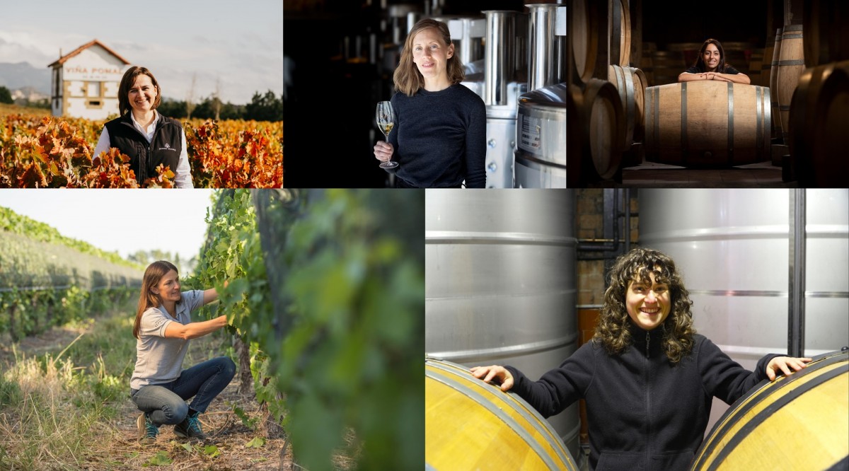 D'esquerra a dreta i de dalt a baix: Mayte Calvo de la Banda (Bodegas Bilbaínas), Laura Tragant (Codorníu), Judit Sabaté (Abadia de Poblet), Paula Borgo (Bodega Séptima) i Marta Bericat (Can Matons).